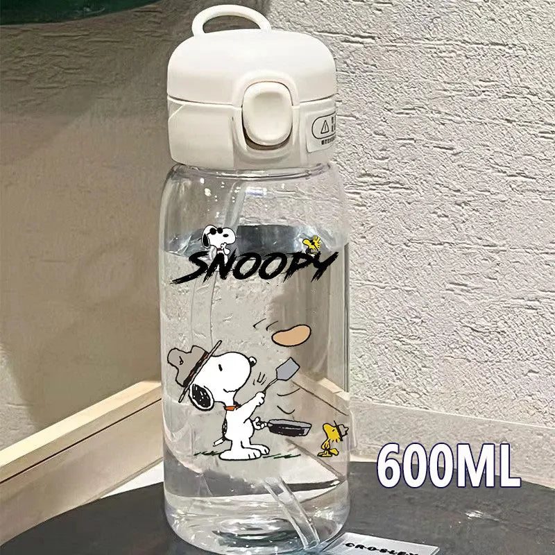 Snoopy Straw Bottles 600ml/400ML Transparent Plastic Anti Drop Water Bottle Children Students Charlie Browns Outdoor Capacity