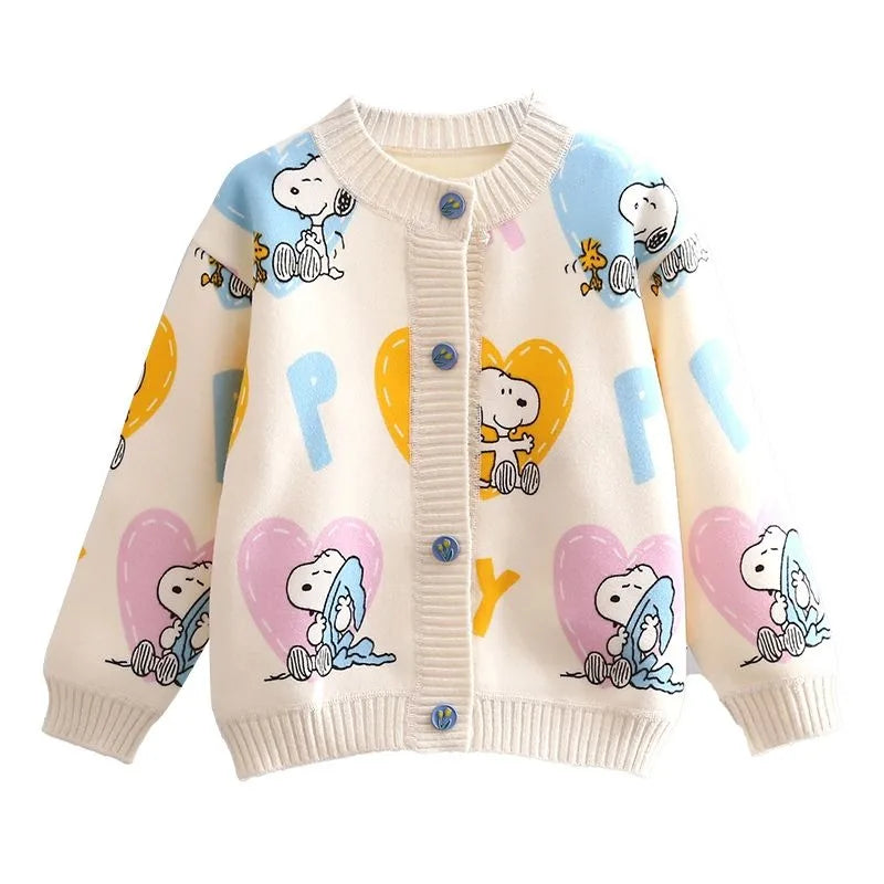 Peanuts Snoopy spring and autumn long-sleeved cartoon love printed thickened knitted cardigan children's casual all-match top