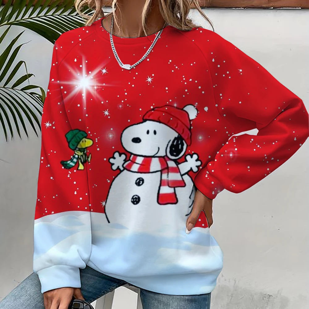 2024 autumn/winter new 3D printed women's Snoopy cartoon Christmas round neck pullover for women's street parties