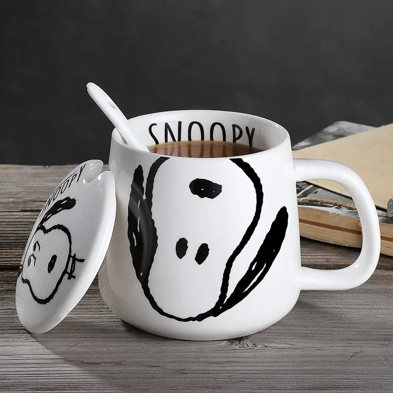 Black and White Snoopy Ceramic Mug With Cover Spoon