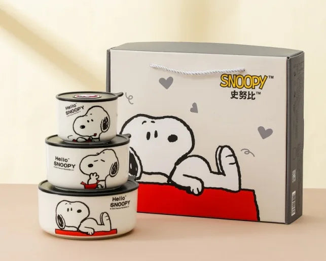 Snoopy Ceramic Bowl Set Three Piece Lid Snoopy Luch Box