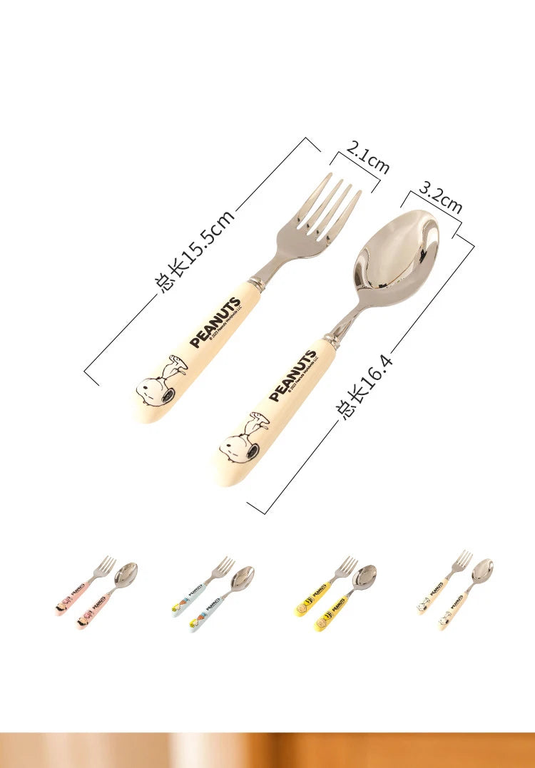 Animation Cartoon Snoopy Stainless Steel Spoon Ceramic Handled Spoon Fork Kawaii Children's Baby Tableware Cute Fruit Fork