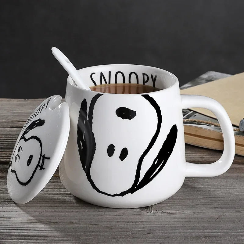 Black and White Snoopy Ceramic Mug With Cover Spoon