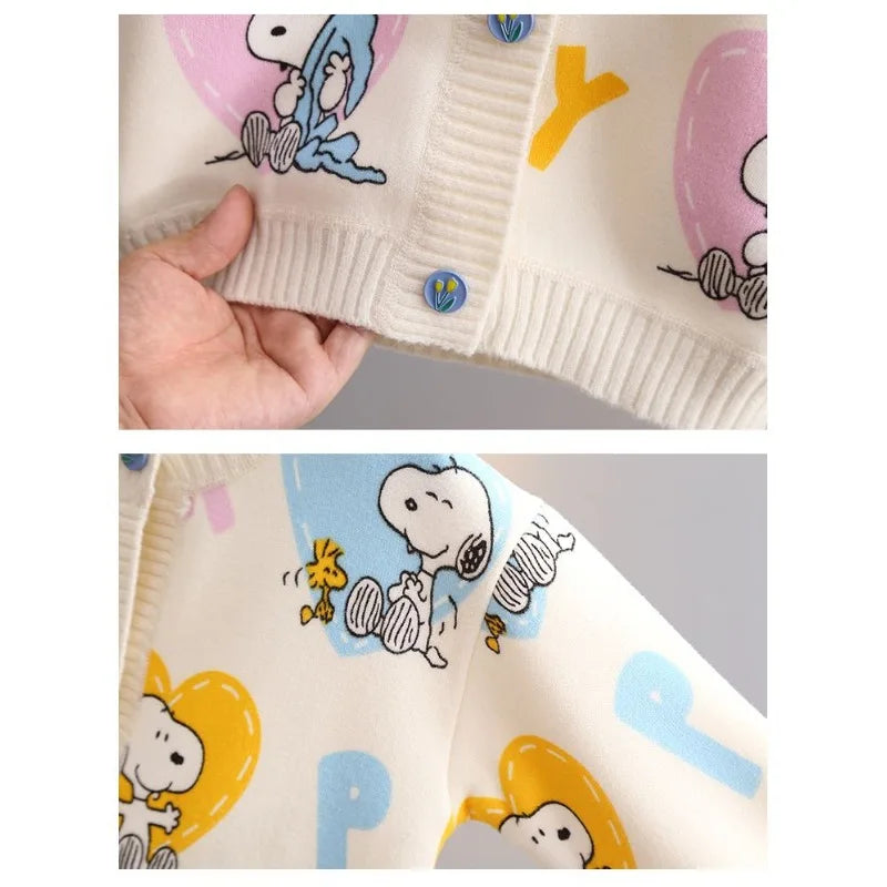 Peanuts Snoopy spring and autumn long-sleeved cartoon love printed thickened knitted cardigan children's casual all-match top