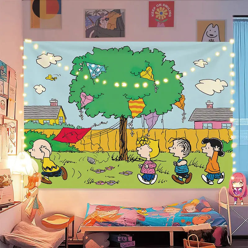 Miniso Snoopy Christmas Tapestry Wall Hanging Decor Kids Adult Bedroom Dorm Background Cloth Healing Style Party Decoration