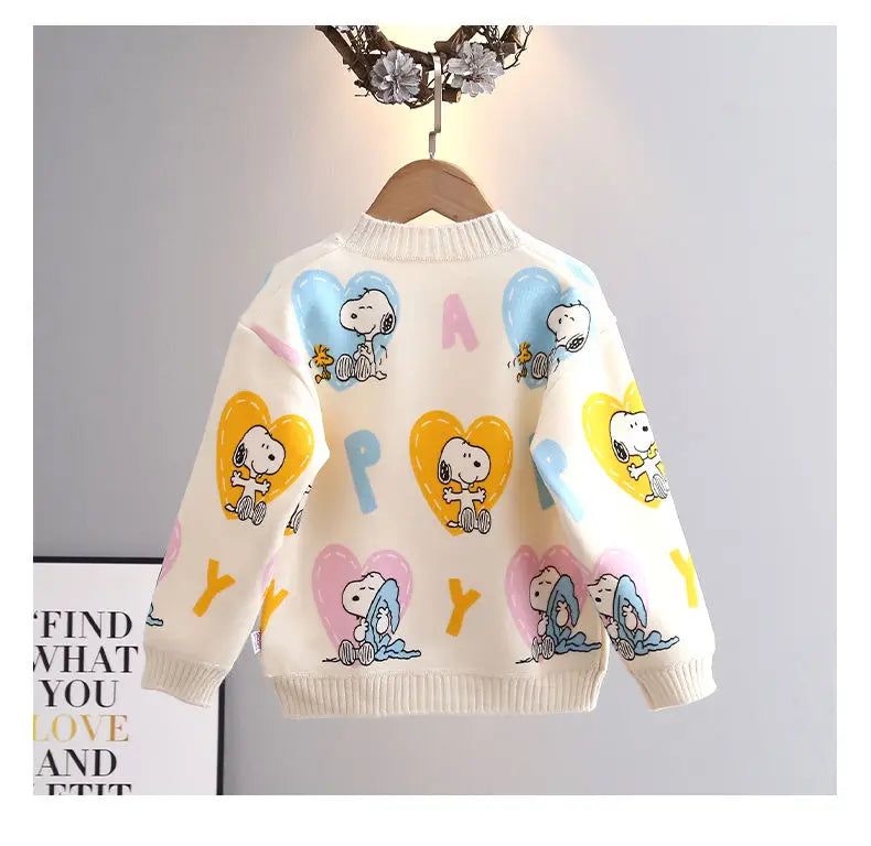 Peanuts Snoopy spring and autumn long-sleeved cartoon love printed thickened knitted cardigan children's casual all-match top