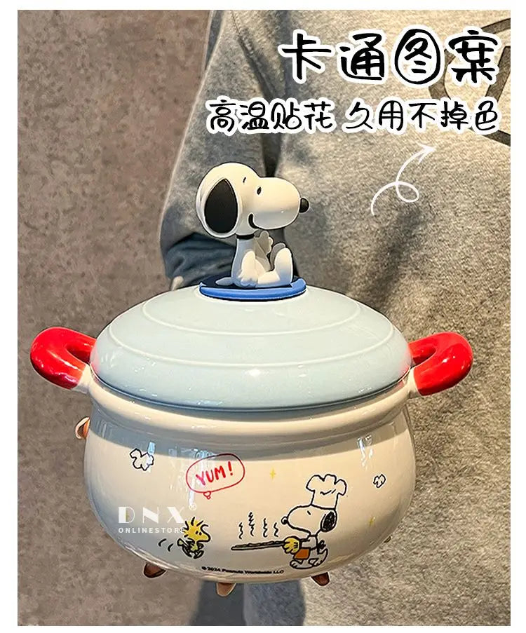 Peanuts Character Peripherals Snoopy New Ceramic Instant Noodle Bowl With Lid And Handle Student Dormitory Bowl Children'S Gift