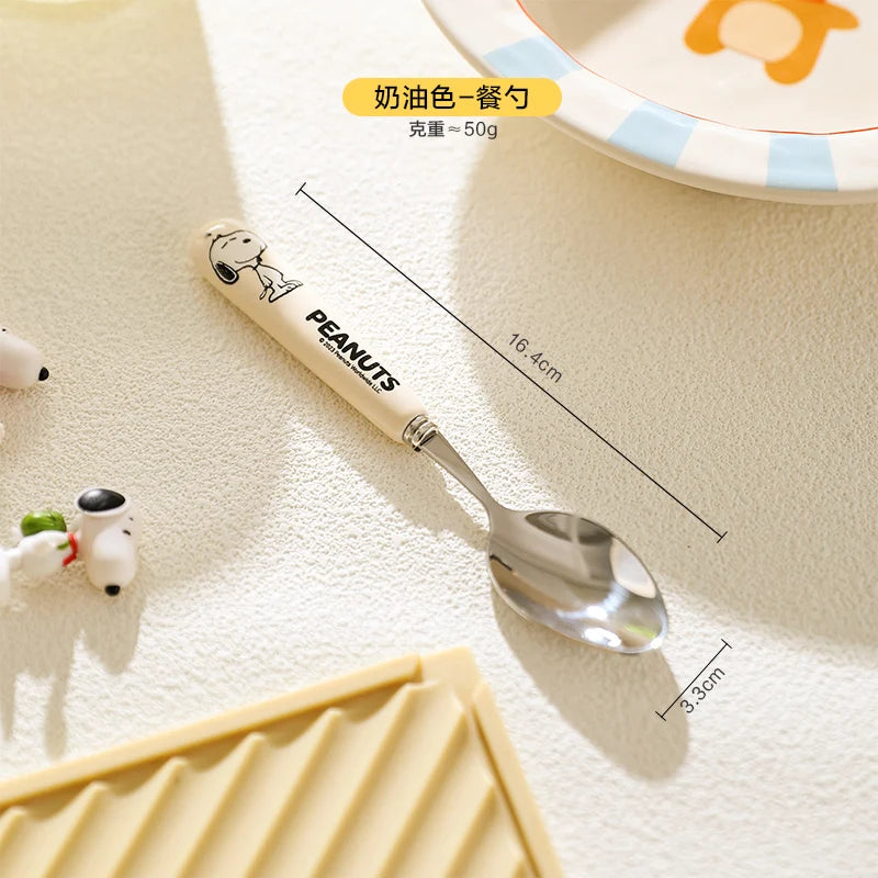 Animation Cartoon Snoopy Stainless Steel Spoon Ceramic Handled Spoon Fork Kawaii Children's Baby Tableware Cute Fruit Fork