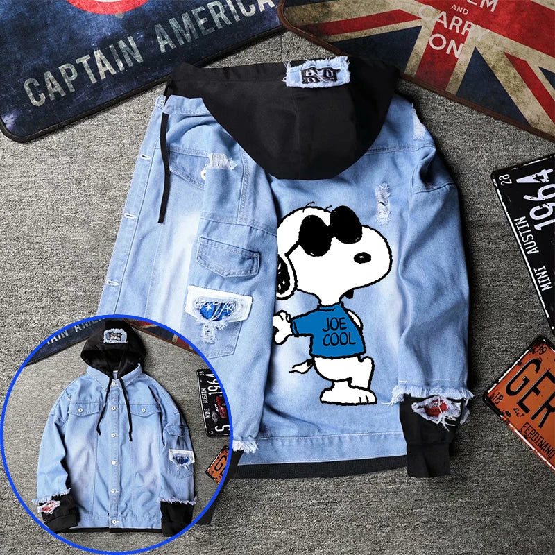 Denim Hooded Jacket Drawstring Retro Jean Snoopy Hoodie
