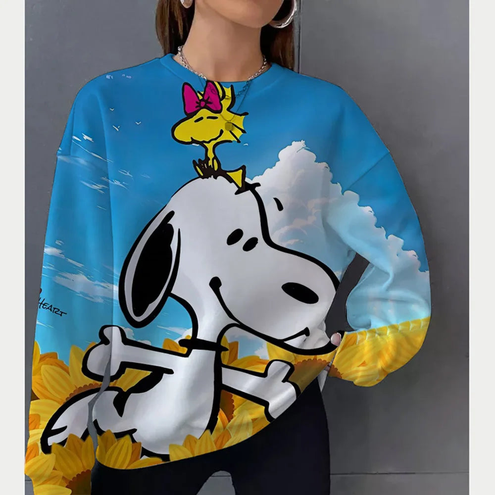 2026 autumn and winter new Snoopy round neck loose sportswear women's casual long sleeved pullover hooded top