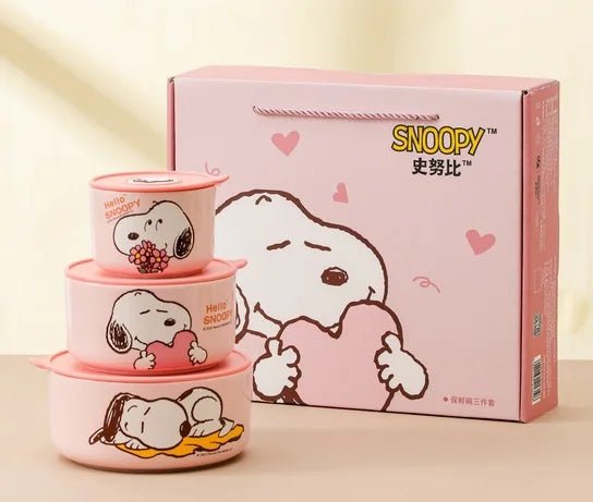 Snoopy Ceramic Bowl Set Three Piece Lid Snoopy Luch Box