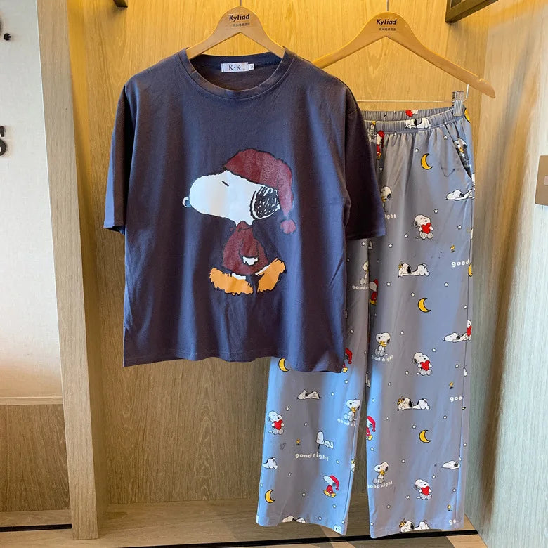 Pajama Set Short Sleeve Pants Loose Fit Snoopy Shirt