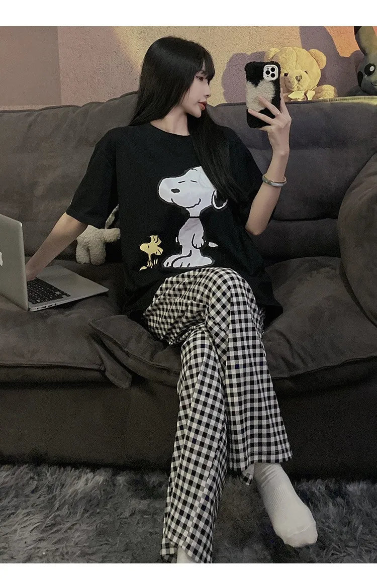 Pajama Set Short Sleeve Pants Loose Fit Snoopy Shirt