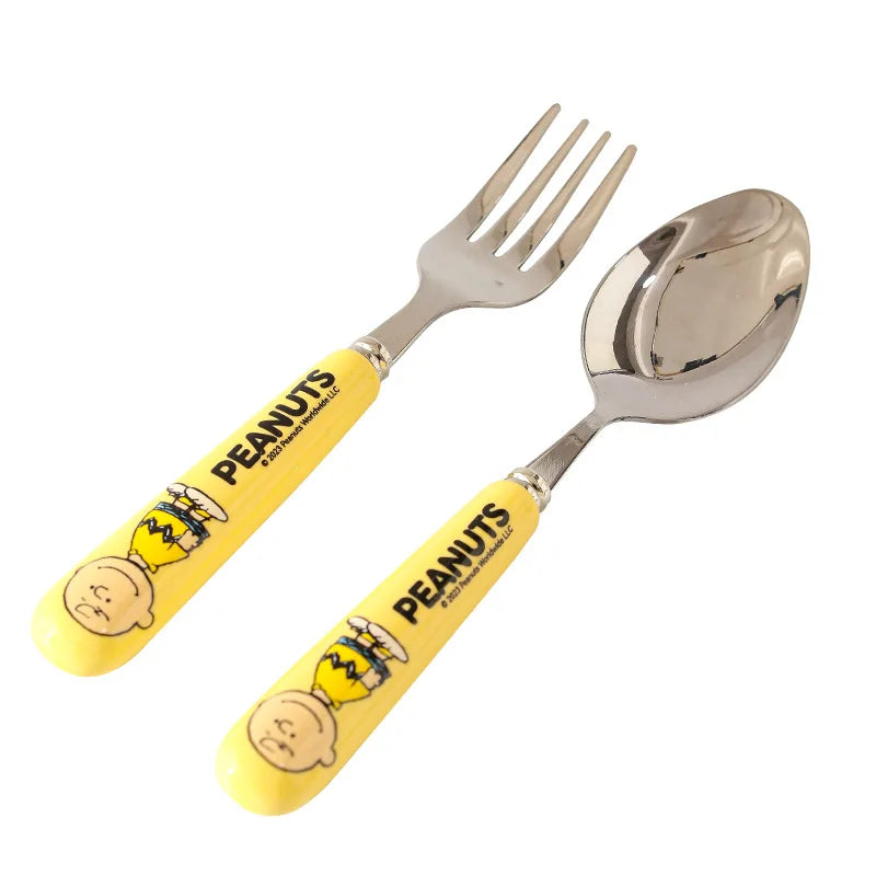 Animation Cartoon Snoopy Stainless Steel Spoon Ceramic Handled Spoon Fork Kawaii Children's Baby Tableware Cute Fruit Fork