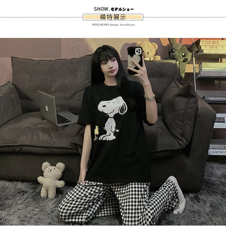 Pajama Set Short Sleeve Pants Loose Fit Snoopy Shirt