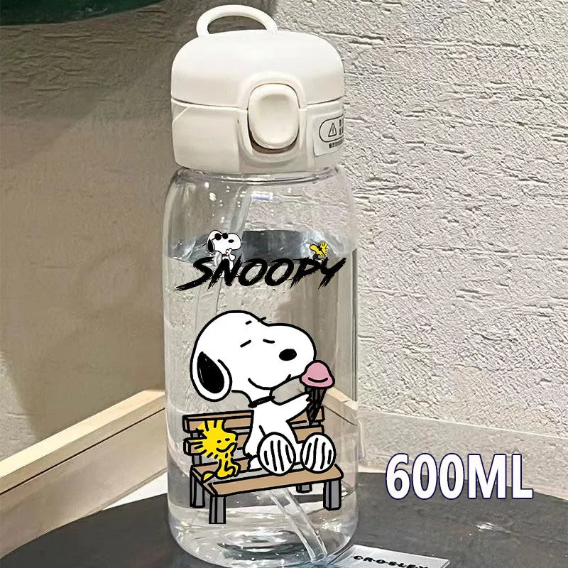 Snoopy Straw Bottles 600ml/400ML Transparent Plastic Anti Drop Water Bottle Children Students Charlie Browns Outdoor Capacity