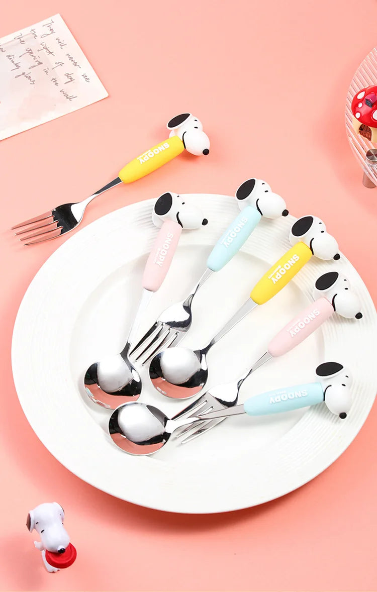 Anime Snoopy Spoon Fork Child Cartoon Snoopy Doll Fruit Fork Spoon Suit Girl Tableware Stainless Steel Student Spoon Fork