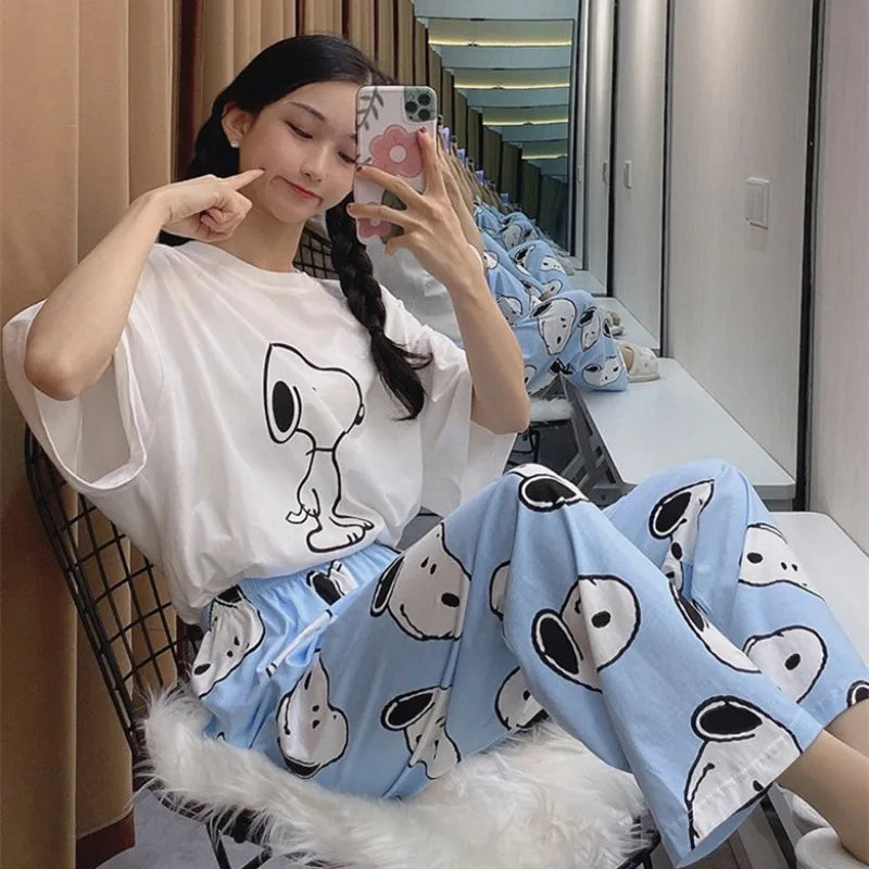 Pajama Set Short Sleeve Pants Loose Fit Snoopy Shirt
