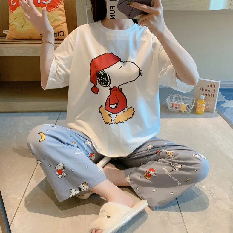 Pajama Set Short Sleeve Pants Loose Fit Snoopy Shirt