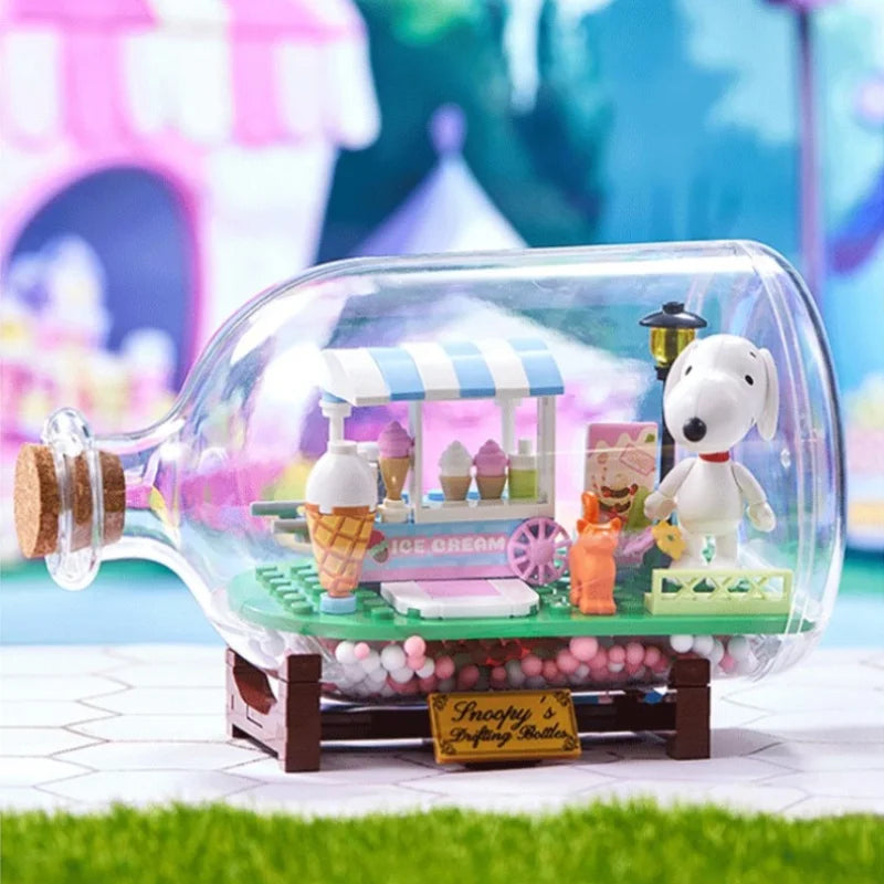 Miniso Snoopy Building Blocks Drifting Bottle Series Desktop Ornaments Collection Model Splicing Children's Toys Birthday Gifts