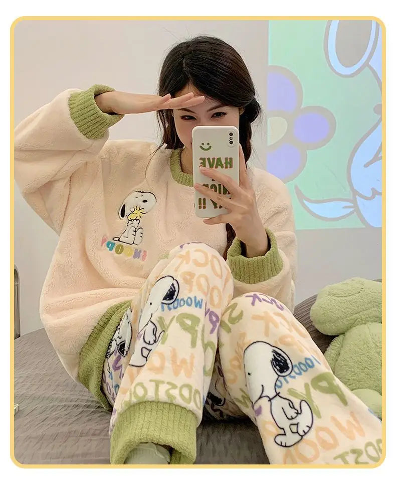 Flannel Pajama Set Kawaii Snoopy Pyjama