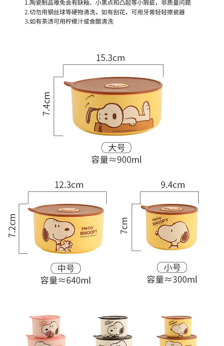 Snoopy Ceramic Bowl Set Three Piece Lid Snoopy Luch Box
