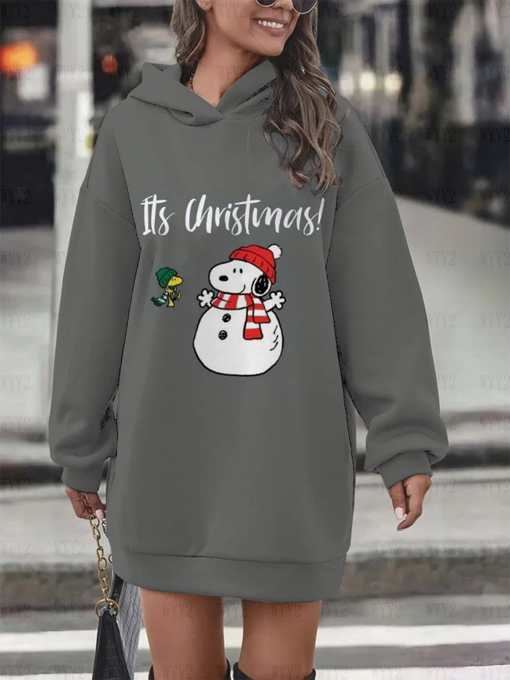Christmas Print Hooded Black Sweatshirt Snoopy Hoodie