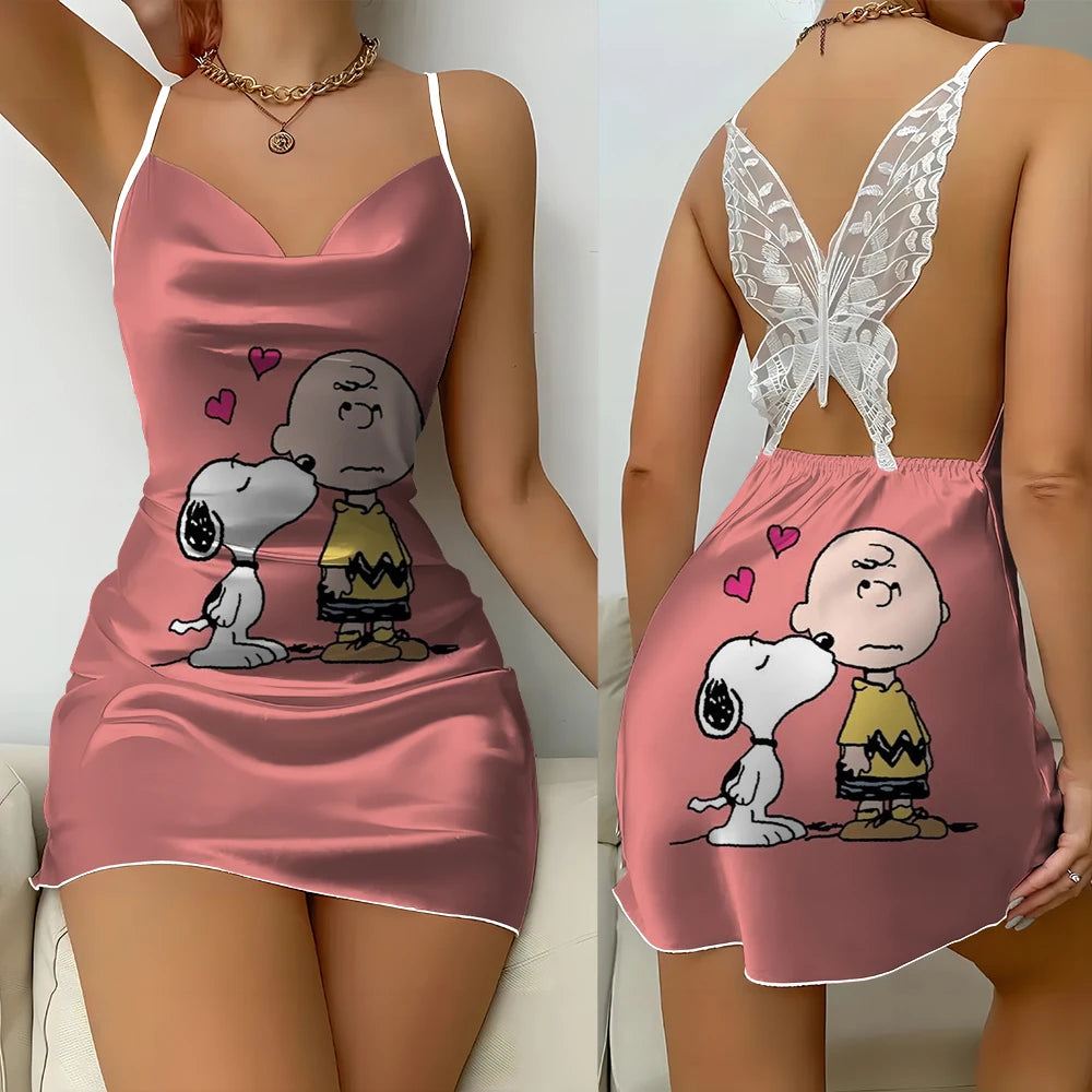 Snoopy Print Summer Women's Pajamas Comfortable Spaghetti Strap Backless Butterfly Lace Suspender Nightgown Luxury Sexy Dress