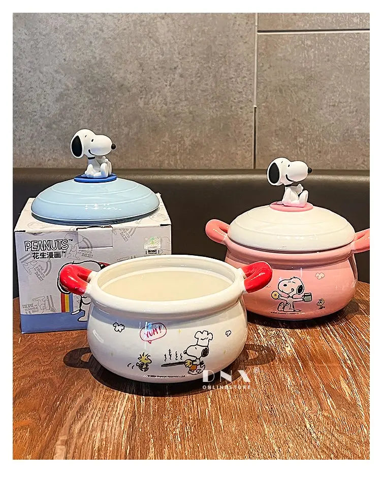 Peanuts Character Peripherals Snoopy New Ceramic Instant Noodle Bowl With Lid And Handle Student Dormitory Bowl Children'S Gift