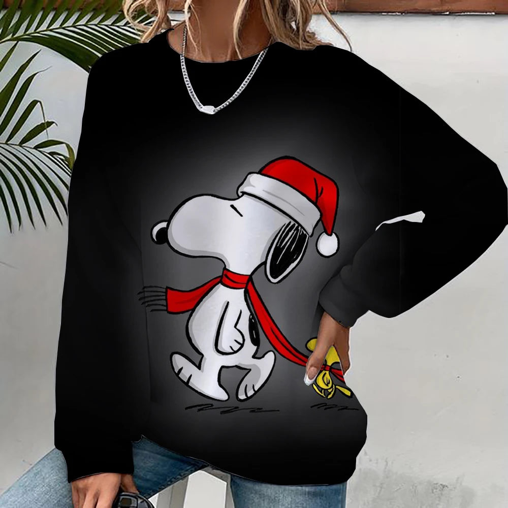 2024 autumn/winter new 3D printed women's Snoopy cartoon Christmas round neck pullover for women's street parties