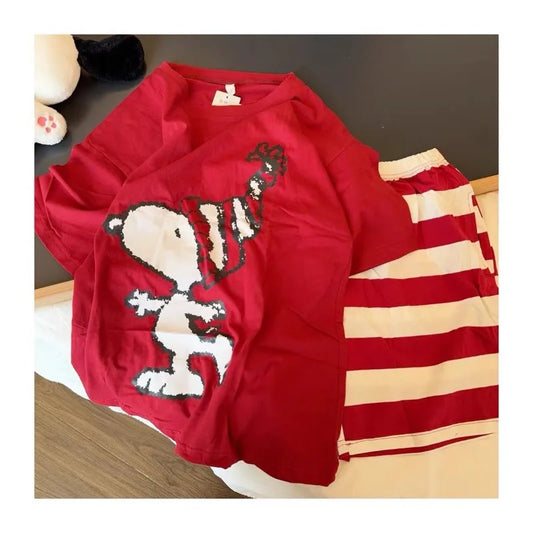 Red Cotton Pajamas For Women Short Sleeve Snoopy Pyjama