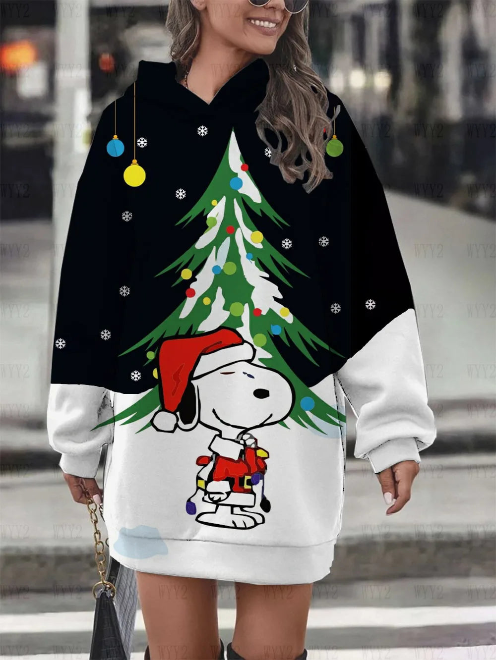 Christmas Print Hooded Black Sweatshirt Snoopy Hoodie