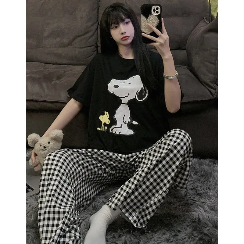 Pajama Set Short Sleeve Pants Loose Fit Snoopy Shirt