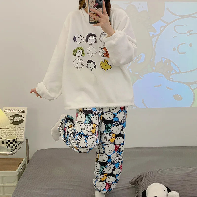 Peanuts Flannel Pajamas Coral Fleece Sleeves Snoopy Pyjama