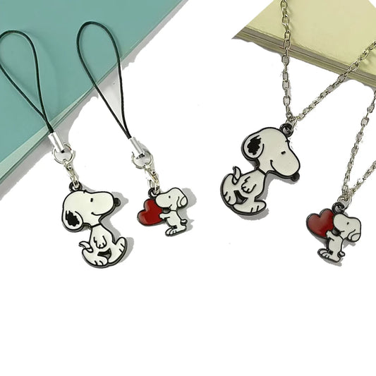 2pcs/set Cartoon Snoopy Necklace Phone Chain Set Anime Action Figures Q Figurals Necklace Decoration Birthday Christmas Gifts
