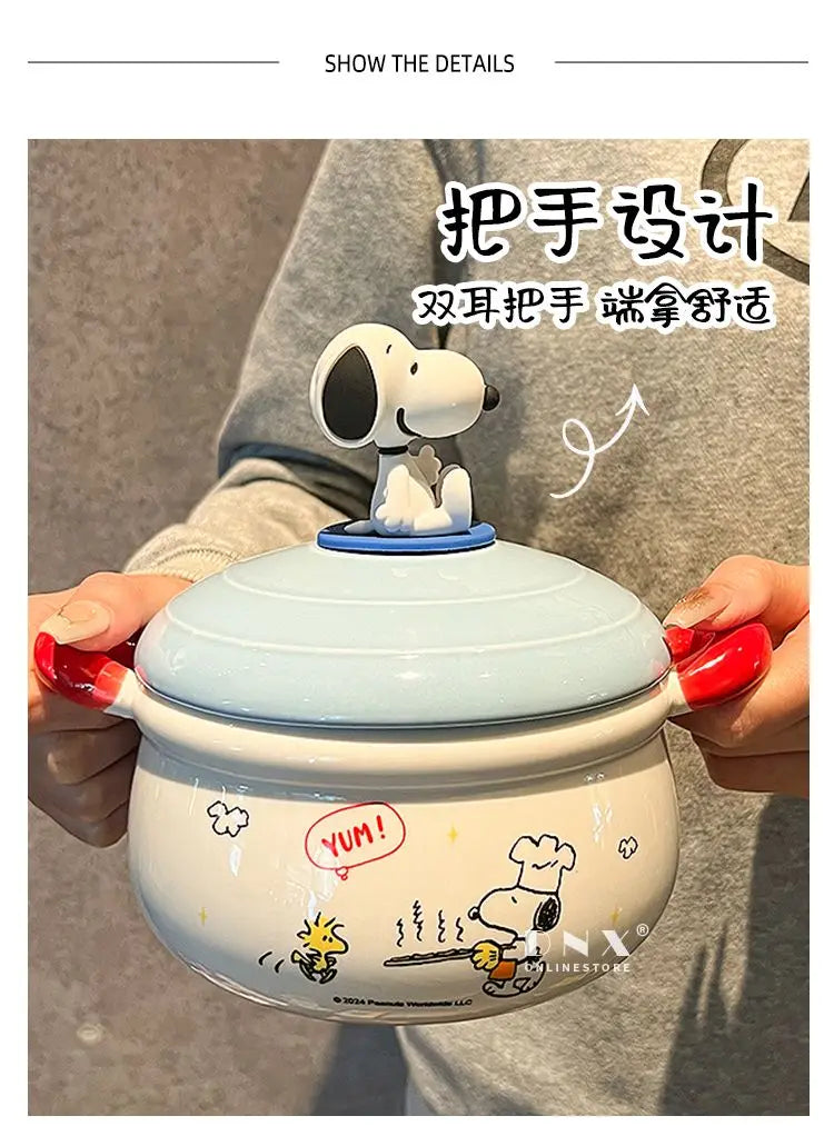 Peanuts Character Peripherals Snoopy New Ceramic Instant Noodle Bowl With Lid And Handle Student Dormitory Bowl Children'S Gift