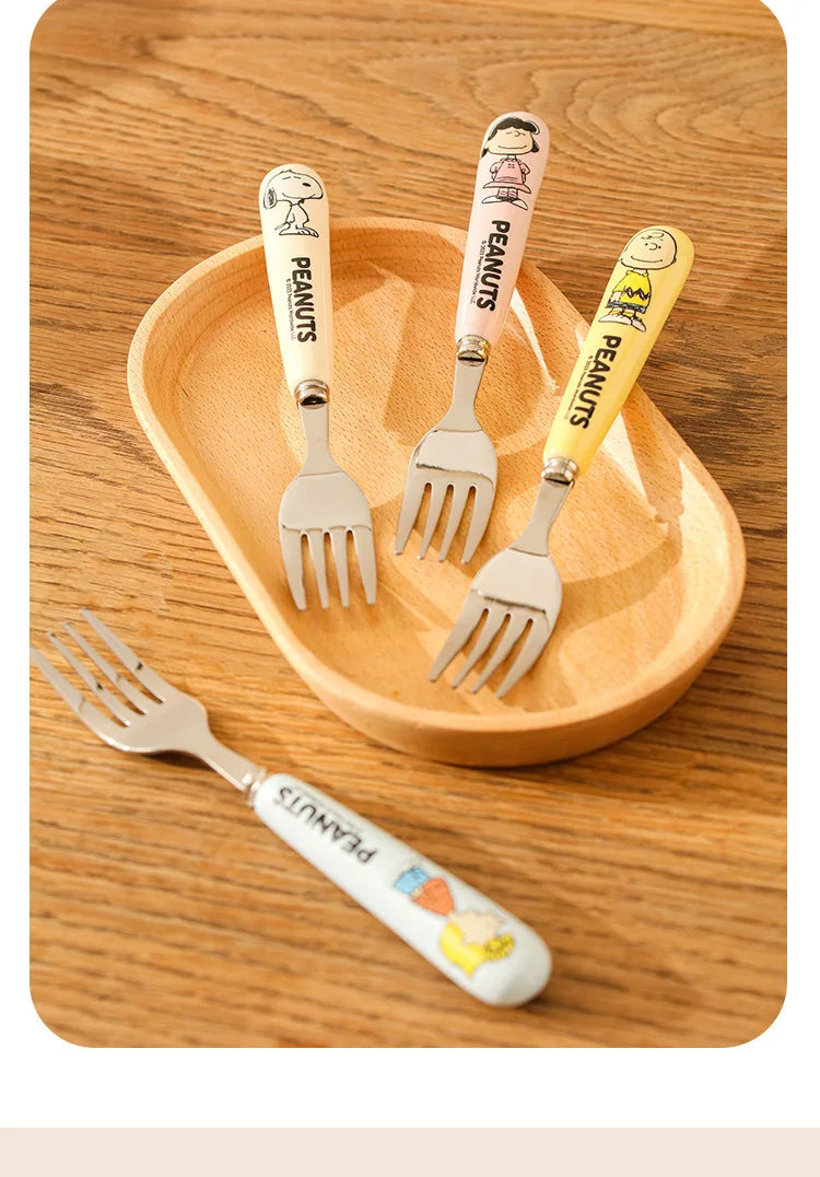 Animation Cartoon Snoopy Stainless Steel Spoon Ceramic Handled Spoon Fork Kawaii Children's Baby Tableware Cute Fruit Fork