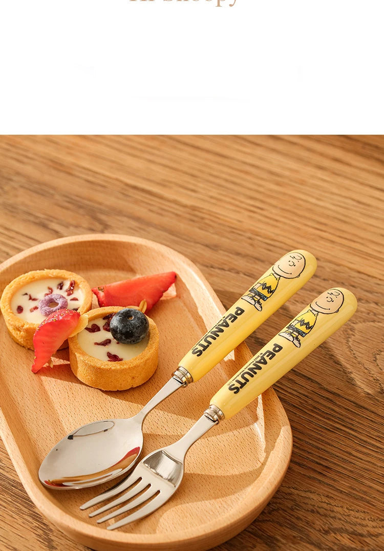 Animation Cartoon Snoopy Stainless Steel Spoon Ceramic Handled Spoon Fork Kawaii Children's Baby Tableware Cute Fruit Fork