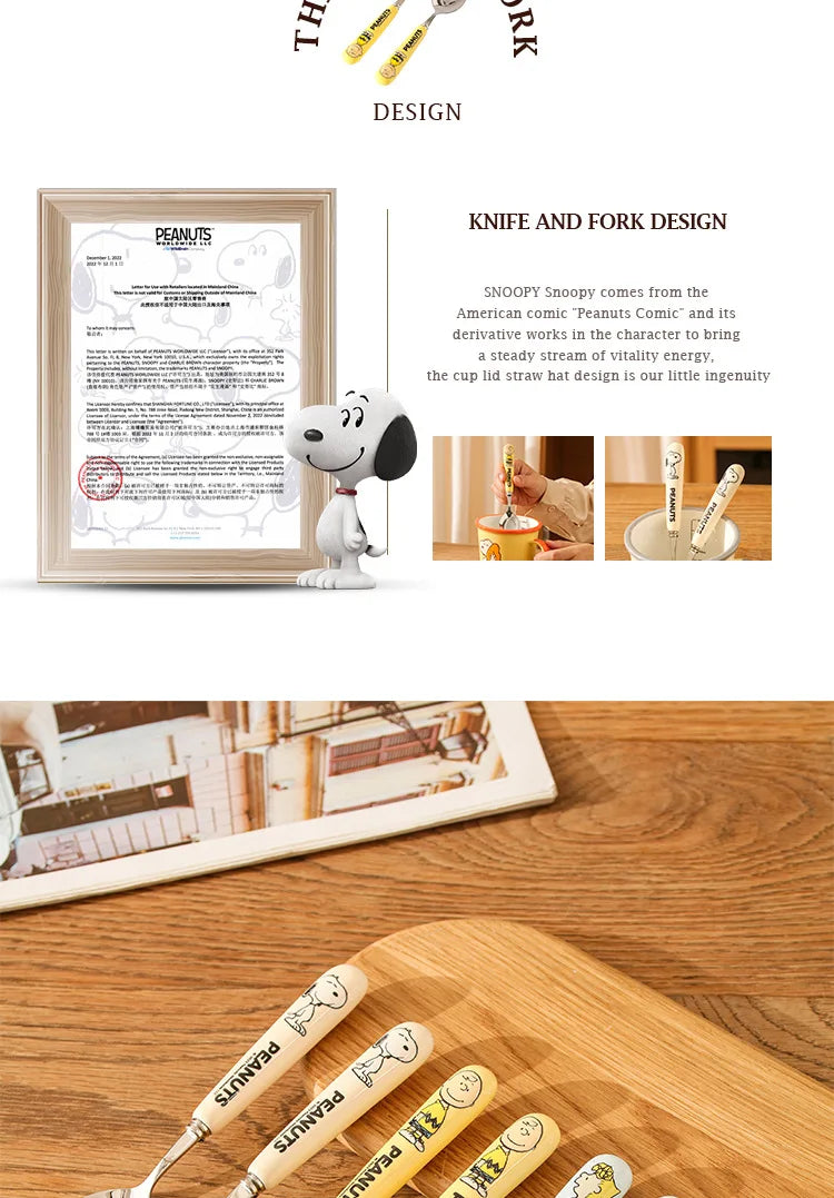 Animation Cartoon Snoopy Stainless Steel Spoon Ceramic Handled Spoon Fork Kawaii Children's Baby Tableware Cute Fruit Fork