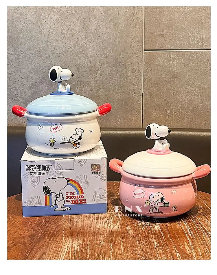 Peanuts Character Peripherals Snoopy New Ceramic Instant Noodle Bowl With Lid And Handle Student Dormitory Bowl Children'S Gift