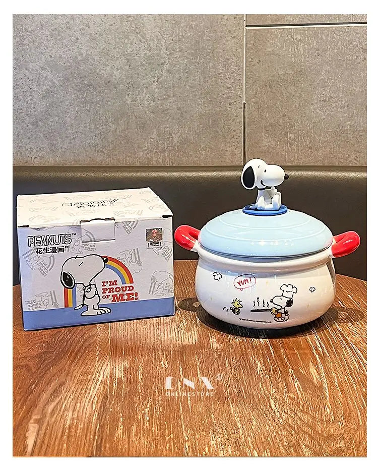 Peanuts Character Peripherals Snoopy New Ceramic Instant Noodle Bowl With Lid And Handle Student Dormitory Bowl Children'S Gift