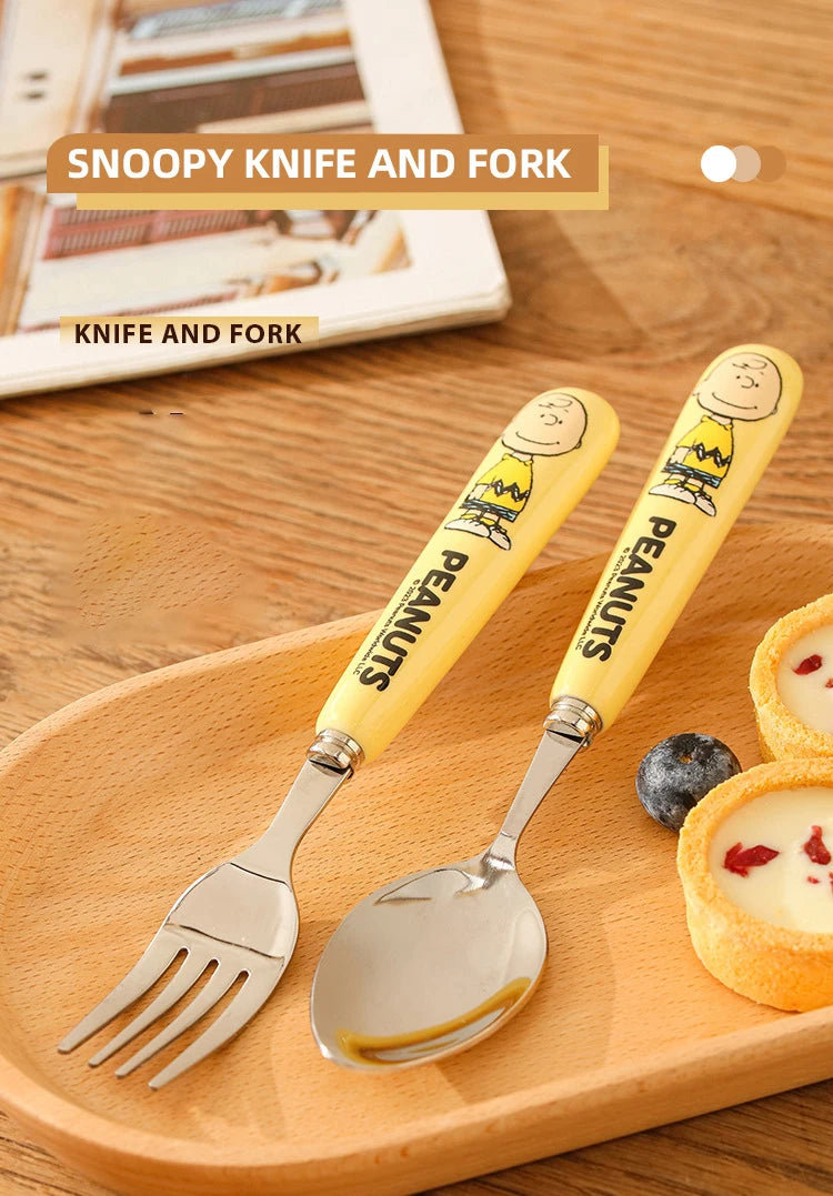 Animation Cartoon Snoopy Stainless Steel Spoon Ceramic Handled Spoon Fork Kawaii Children's Baby Tableware Cute Fruit Fork
