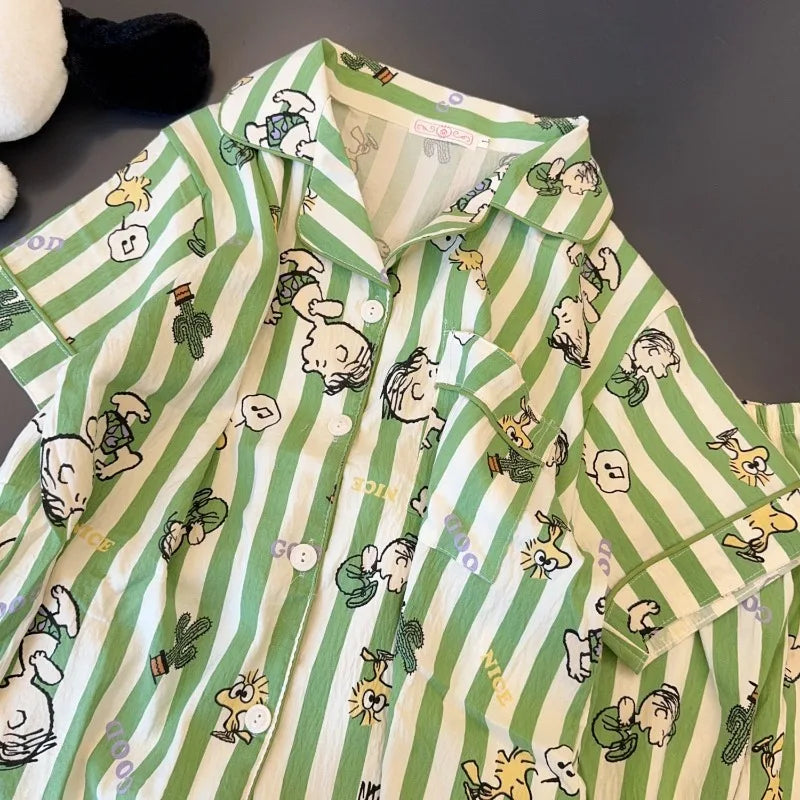 Striped Snoopy Charlie sleepwear women's summer new short sleeved ins wind Japanese sweet student home clothes for outdoor wear