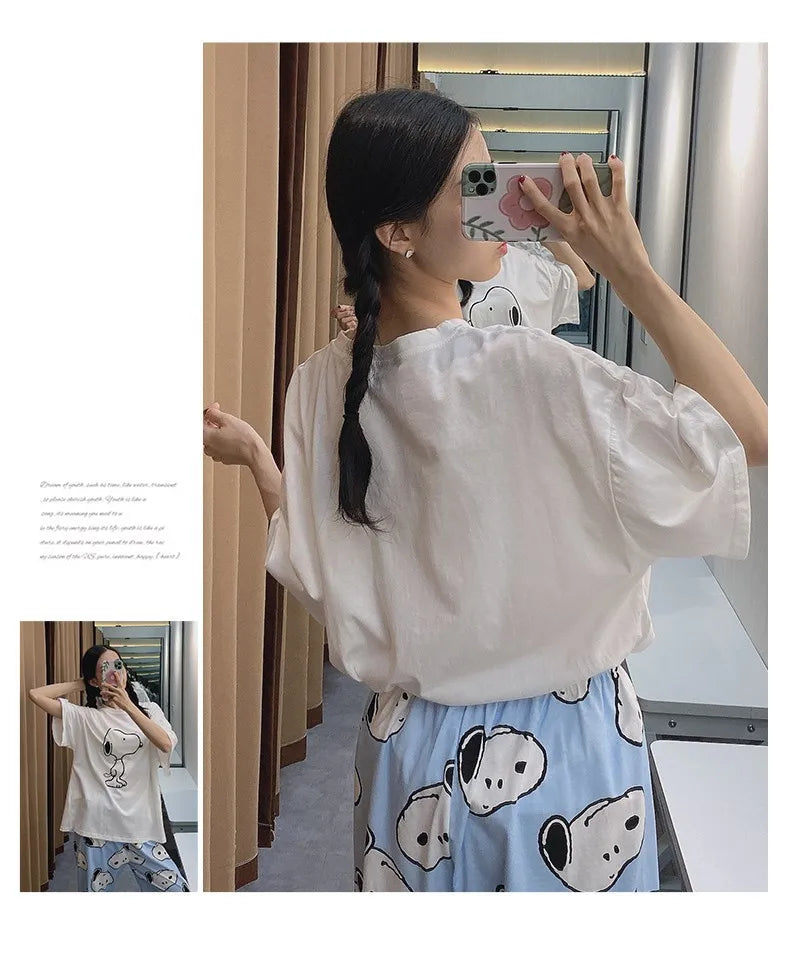Pajama Set Short Sleeve Pants Loose Fit Snoopy Shirt