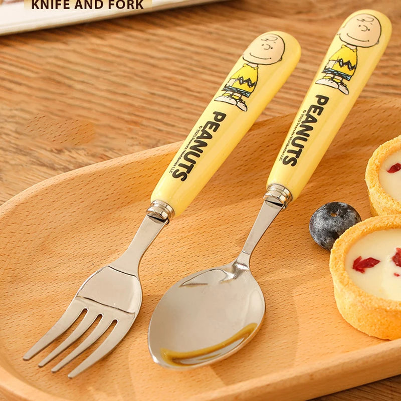 Animation Cartoon Snoopy Stainless Steel Spoon Ceramic Handled Spoon Fork Kawaii Children's Baby Tableware Cute Fruit Fork