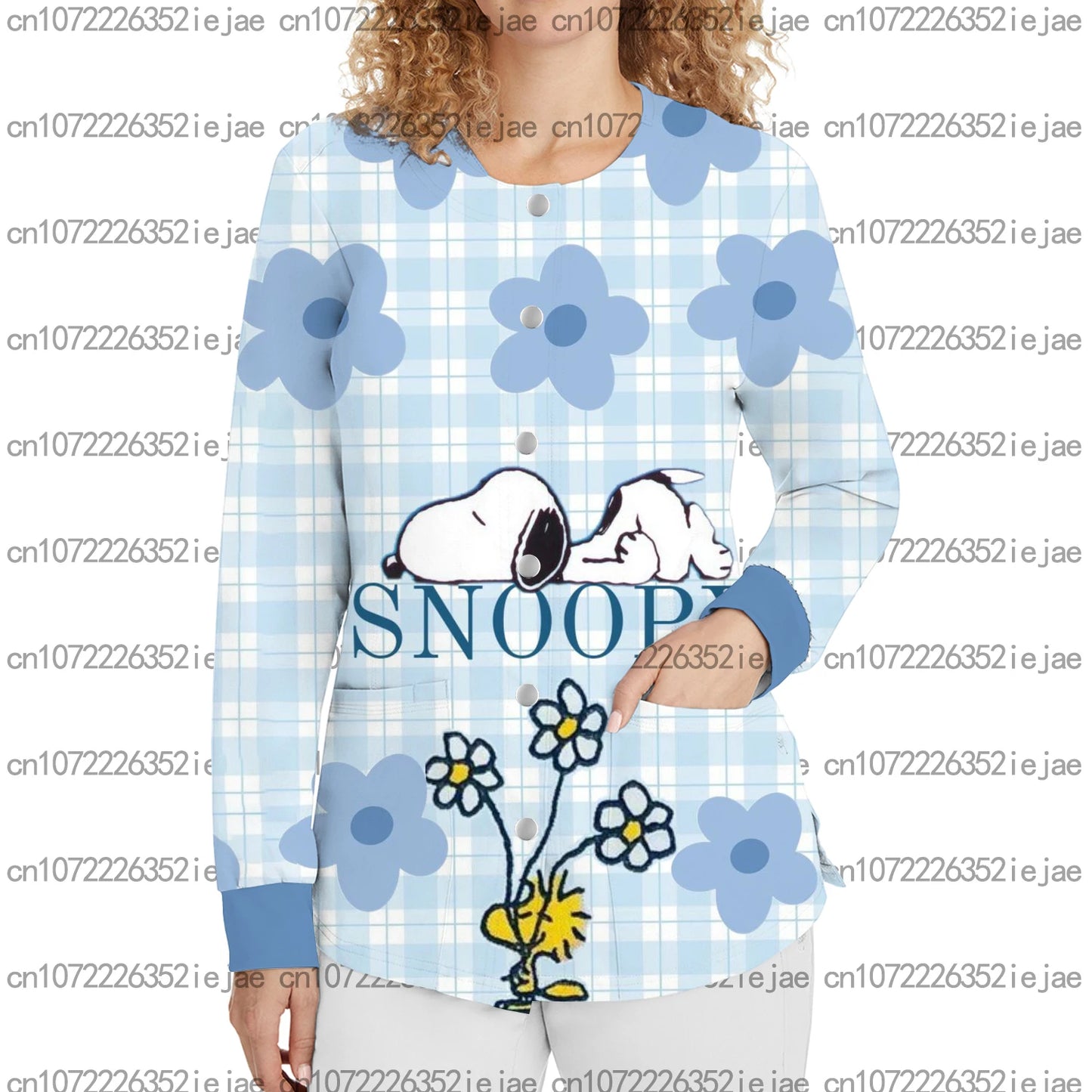 Snoopy Printed Long Sleeve Nurse Uniform Dental Beauty Salon Pet Shop Women's Pocket Snap Button Warm Surgical Gown Jacket