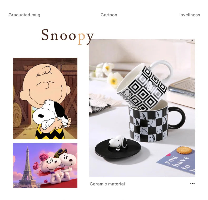 350Ml Black and White Mug With Lid Snoopy Cup