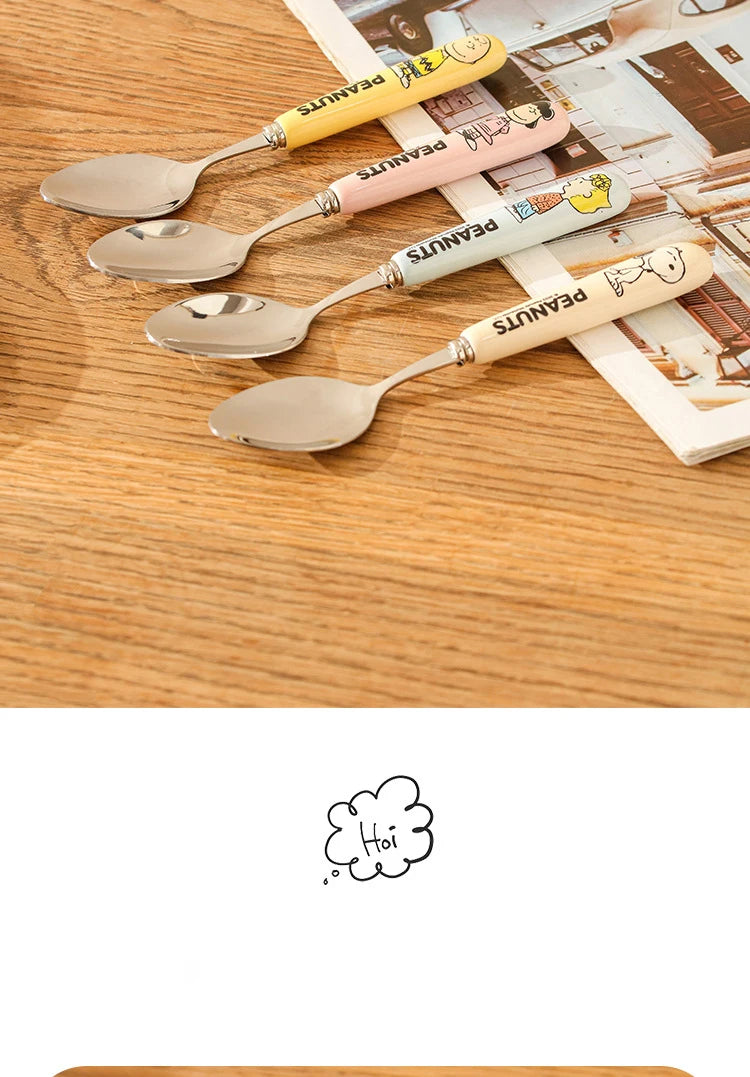 Animation Cartoon Snoopy Stainless Steel Spoon Ceramic Handled Spoon Fork Kawaii Children's Baby Tableware Cute Fruit Fork