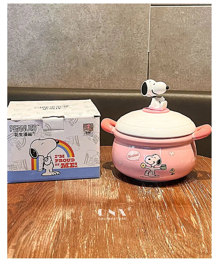 Peanuts Character Peripherals Snoopy New Ceramic Instant Noodle Bowl With Lid And Handle Student Dormitory Bowl Children'S Gift