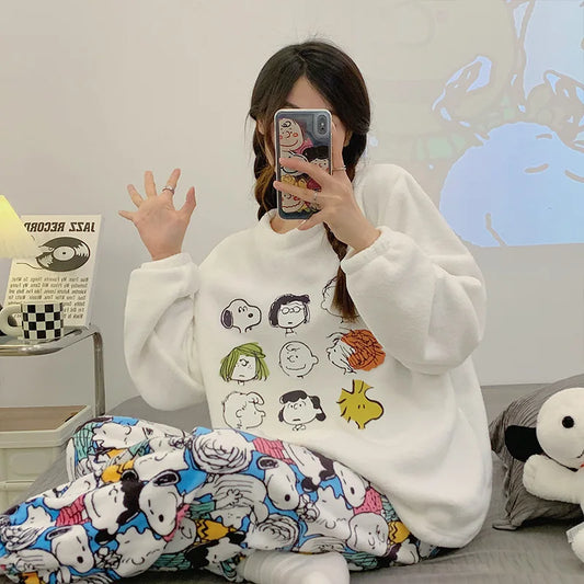 Peanuts Flannel Pajamas Coral Fleece Sleeves Snoopy Pyjama